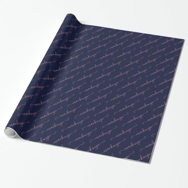 Papier Cadeau Rose bleu marine or manuscrit Nom du script (Déroulé)
