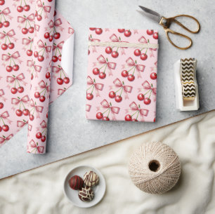 Papier Cadeau Rose Coquette Cerise Rouge Féminin