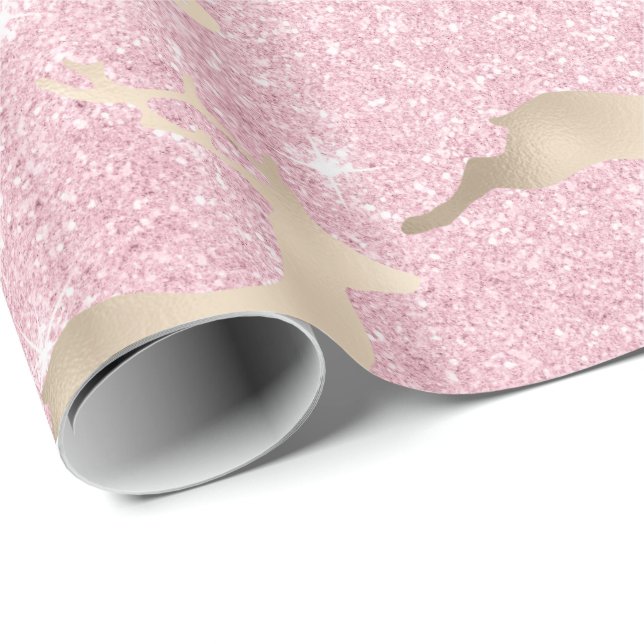 Papier Cadeau Rose cuivre or rennes de Noël motif marbre (Coin rond)
