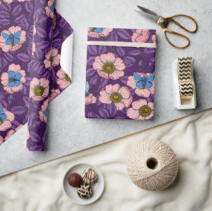 Papier Cadeau Rose de chien et papillons en rose et violet