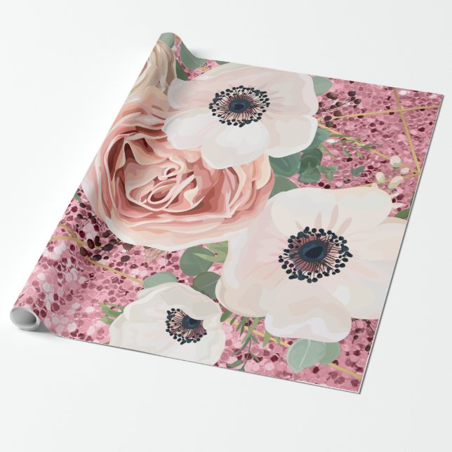 Papier Cadeau rose de jardin géométrique de rouleaux de papier d (Déroulé)