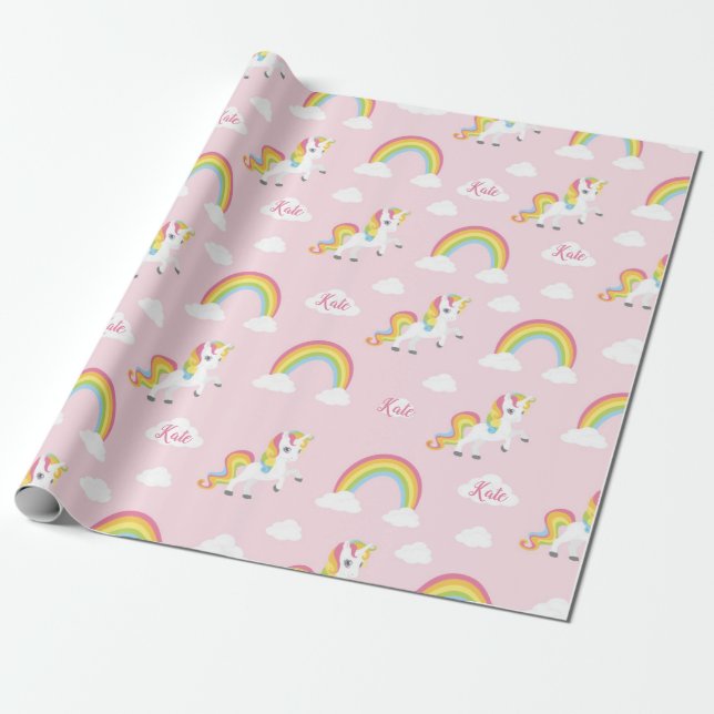 Papier Cadeau Rose de papier d'emballage de licorne (Déroulé)