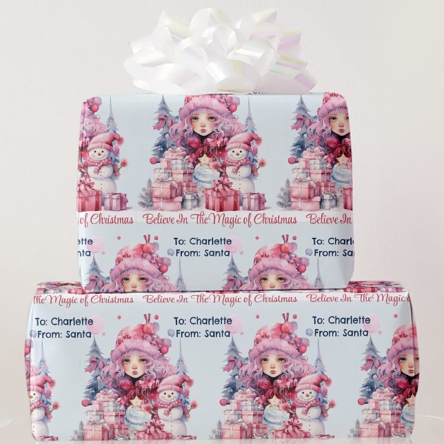 Papier Cadeau Rose de Père Noël Nom de la fille Snowman Noël (Créateur téléchargé)