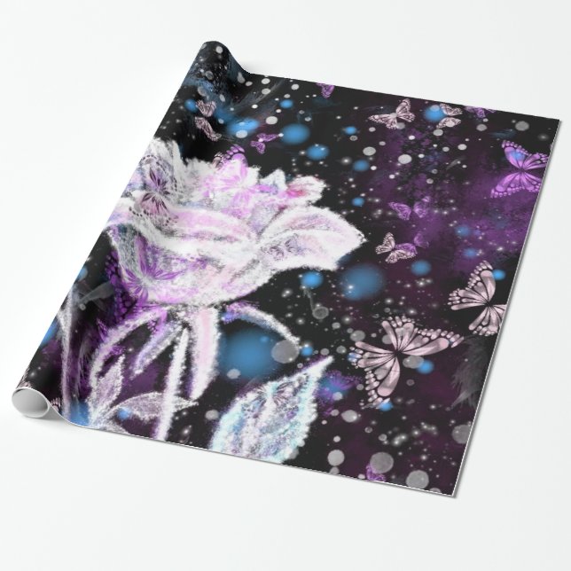 Papier Cadeau Rose d'hiver et papillons - Belle (Déroulé)