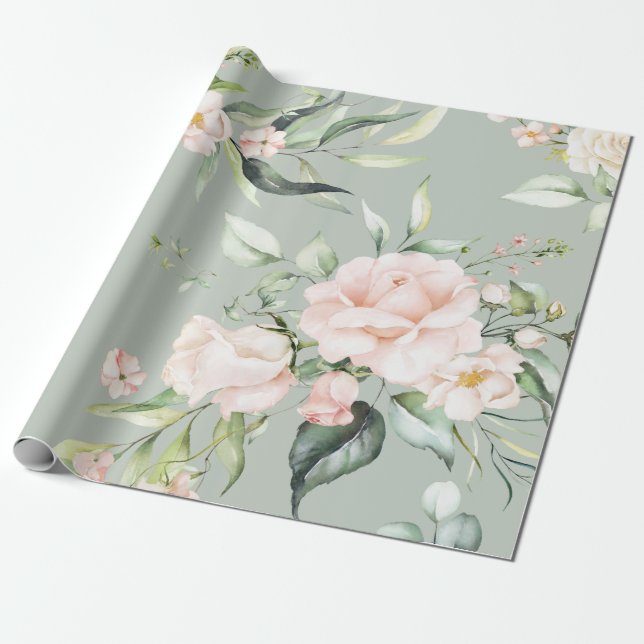 Papier Cadeau Rose élégant et eucalyptus vert (Déroulé)