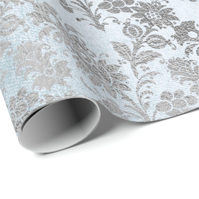 Papier Cadeau Rose floral bleu Royal Argent (Coin rond)