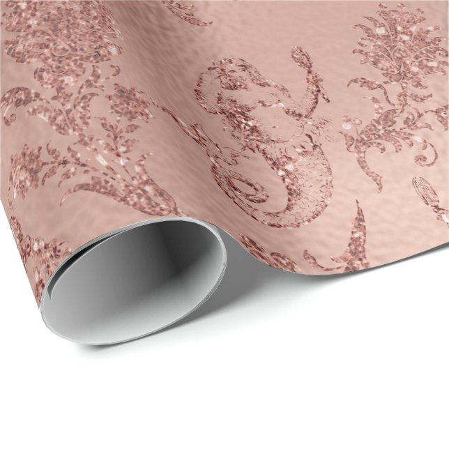 Papier Cadeau Rose Floral Rose or rose princesse Parties scintil (Coin rond)