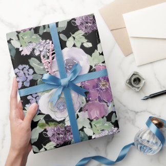 Papier Cadeau Rose florale blanche violette Fond noir