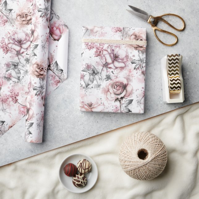Papier Cadeau Rose florale élégante blush (Artisanat)