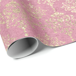 Papier Cadeau Rose Foxier Métallurgique Damas Gold Princess Rose