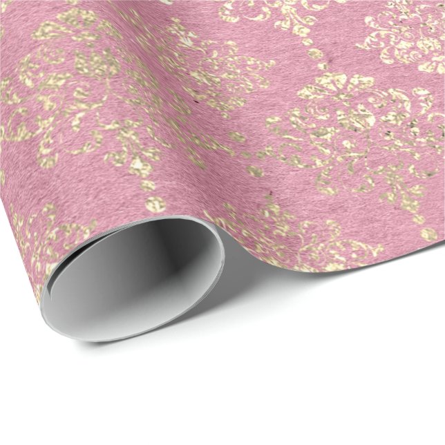 Papier Cadeau Rose Foxier Métallurgique Damas Gold Princess Rose (Coin rond)