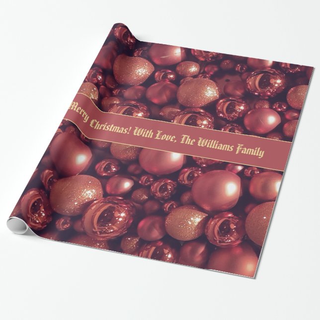 Papier Cadeau Rose Gold Christmas Baubles Motif Ajouter un texte (Déroulé)