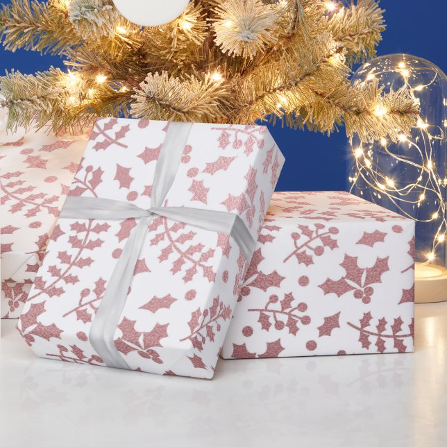 Papier Cadeau Rose Gold Foil & White Holly Noël d'hiver (Vacances)