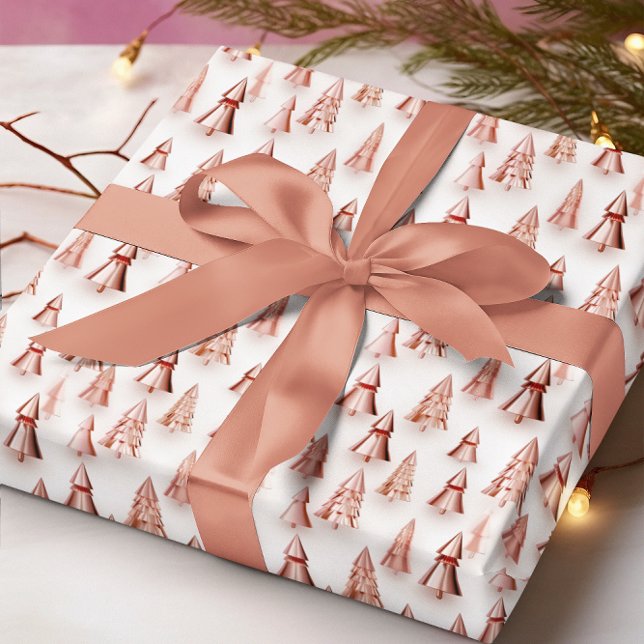 Papier Cadeau Rose Gold Metallic Look Arbres de Noël (Créateur téléchargé)
