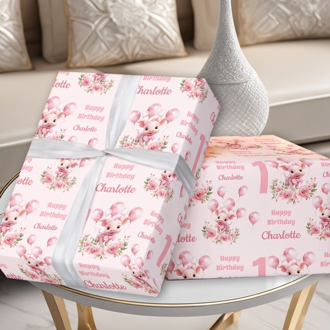 Papier Cadeau Rose mignonne Piggy Pink Farm Girl 1er anniversair (Pink Cute Piggy Pink Farm Girl 1st Birthday Wrapping Paper)
