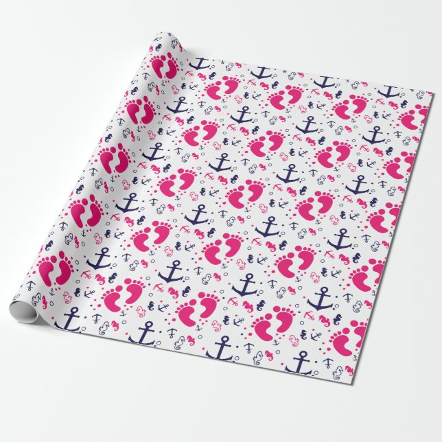 Papier Cadeau Rose nautique de bébé, bleu marine (Déroulé)
