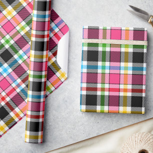 Papier Cadeau Rose Noir Multicolore Flanelle Carreaux Tartan