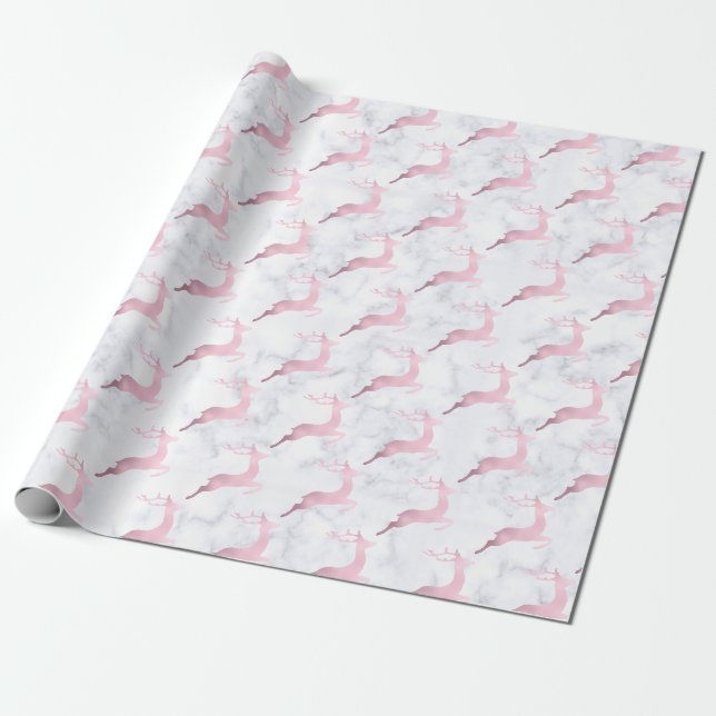 Papier Cadeau Rose or blanc marbre rennes de Noël motif (Déroulé)