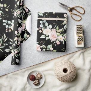 Papier Cadeau Rose Pâle Élégant Eucalyptus Noir