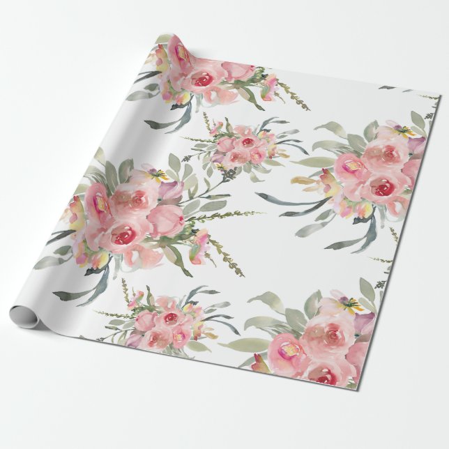 Papier Cadeau Rose Pâle Élégant Féminin Fleurs Mariage (Déroulé)