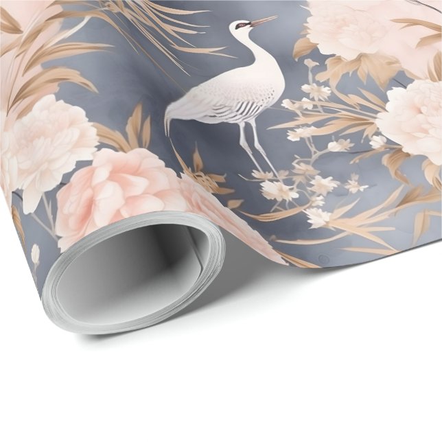 Papier Cadeau Rose Pâle Gris Fleur Asiatique Oiseau (Coin rond)