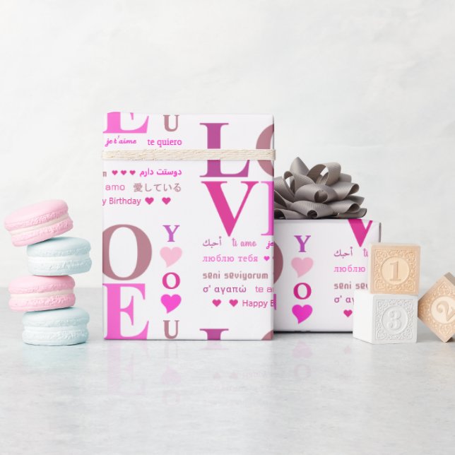 Papier Cadeau Rose personnalisé "LOVE You" en Langues romantique (Baby Shower)