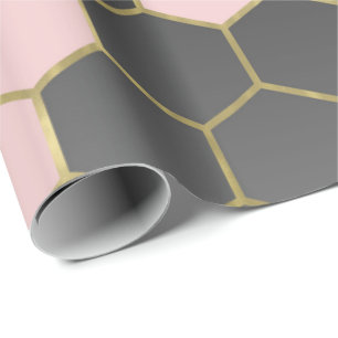 Papier Cadeau Rose Poudré Gris & Or Hexagone Moderne Glam