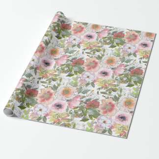 Papier Cadeau Rose poudrée aquarelle florale verdure