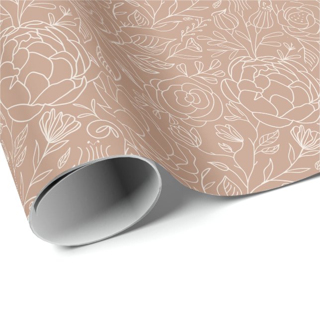 Papier Cadeau Rose Poussiéreuse Fleurs Rose Profond Blanc Mariag (Coin rond)