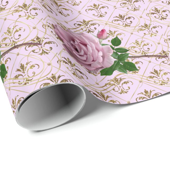 Papier Cadeau Rose romantique sur l'or (Coin rond)