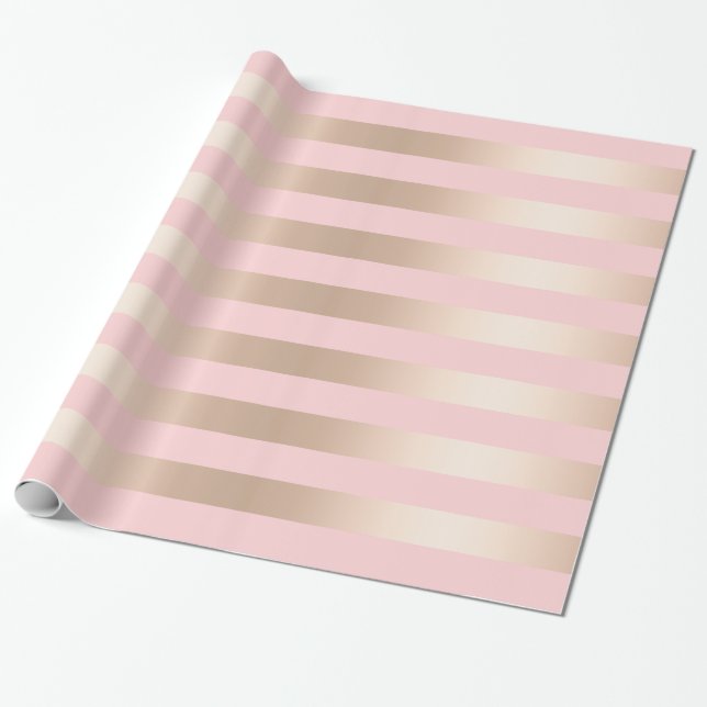 Papier Cadeau Rose rose d'or de poussin moderne élégant barré (Déroulé)