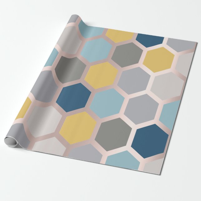 Papier Cadeau Rose rose jaune Géométrie bleu Honeycomb Hexagon (Déroulé)