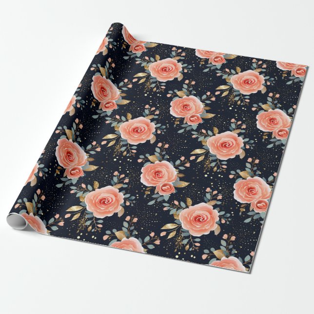 Papier Cadeau Rose rose, marine et or élégant floral (Déroulé)