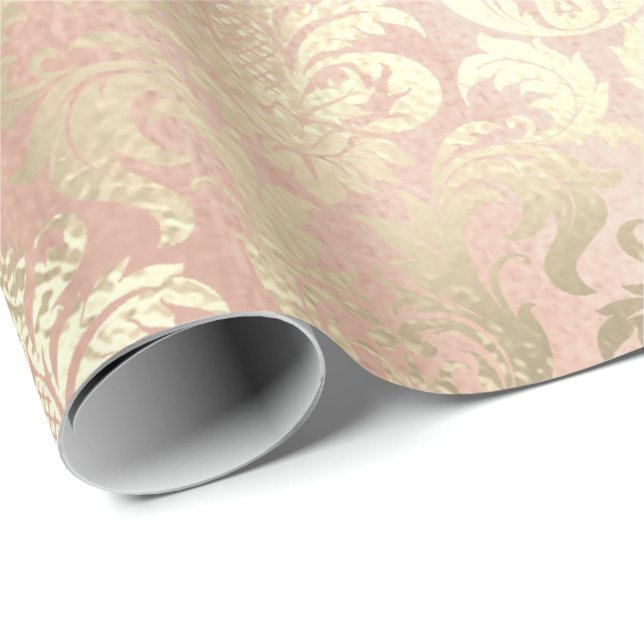Papier Cadeau Rose rose métallique Or Blush Royal Blush Damask (Coin rond)