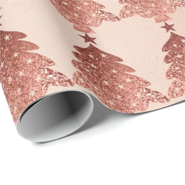 Papier Cadeau Rose Rose Or Blush Skinny Arbre de Noël Étoiles (Coin rond)