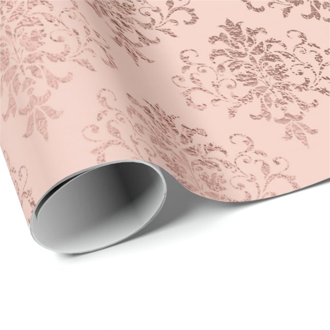 Papier Cadeau Rose Rose Or Floral Royal Damask Skinny Powder1 (Coin rond)