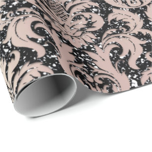 Papier Cadeau Rose rose Pearly Metallic Black Damask Parties sci