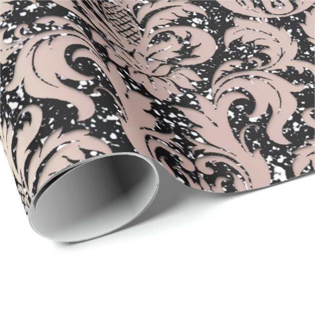 Papier Cadeau Rose rose Pearly Metallic Black Damask Parties sci (Coin rond)