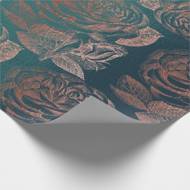 Papier Cadeau Rose Rose Rose Or Métallurgique Floral Turquoise V (Coin)
