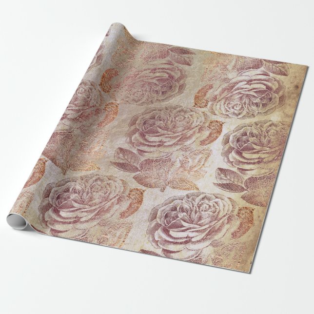 Papier Cadeau Rose Rose Rose Or Métallurgique Floral Vieux Grung (Déroulé)