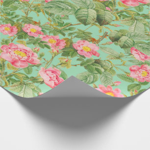 Papier cadeau Rose Rose Vintage sur fond Vert Ment