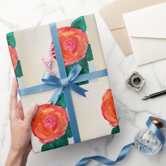 Papier Cadeau Rose rouge avec feuilles vertes (Cadeaux)