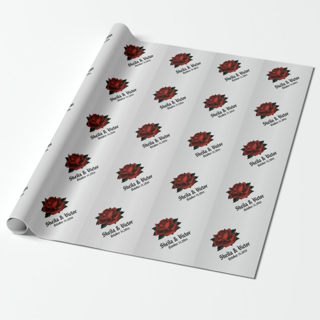 Papier Cadeau Rose rouge Mariage gothique Nom et date (Déroulé)