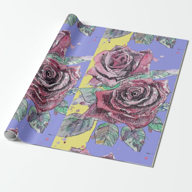 Papier Cadeau Rose rouge pourpre fleurs de printemps Aquarelle (Déroulé)