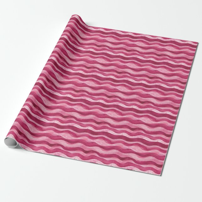 Papier Cadeau Rose sur Aquarelle rose Lignes ondulées (Déroulé)