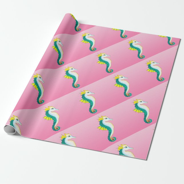 Papier Cadeau rose turquoise d'hippocampe (Déroulé)