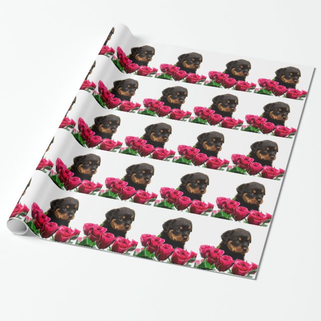 Papier Cadeau Rose Valentin Rottweiler Puppy (Déroulé)