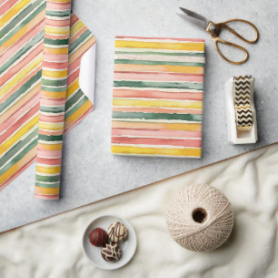 Papier Cadeau Rose verte pêche rouge jaune rayures anniversaire