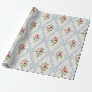 Papier Cadeau Rose Victorian Roses w/Blue Ribbon Lattice
