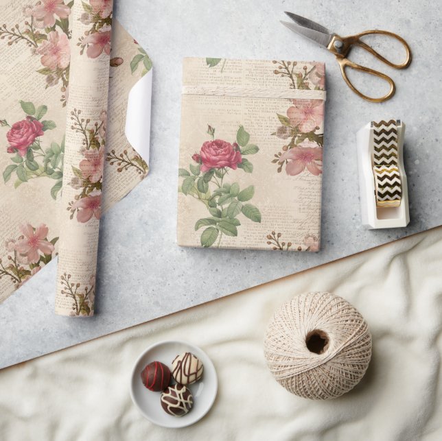 Papier Cadeau Rose victorien et éphémère de texte (Artisanat)